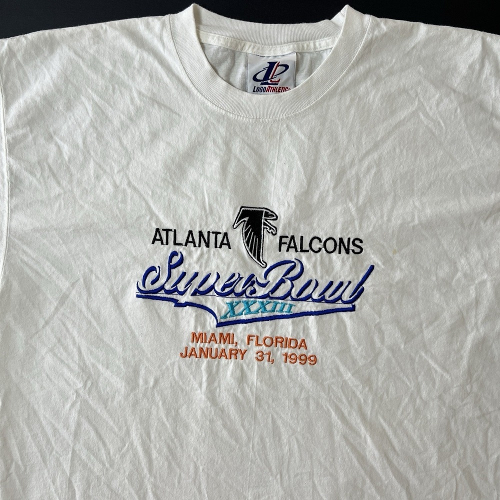 Vintage Atlanta Falcons Super Bowl XXXIII Football TShirt 1999 Size L White NFL